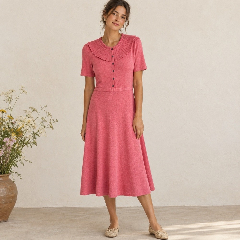 Boden Women Dress Pink Abercorn Tee Knit Coquette Midi Tea Church Modest 12
